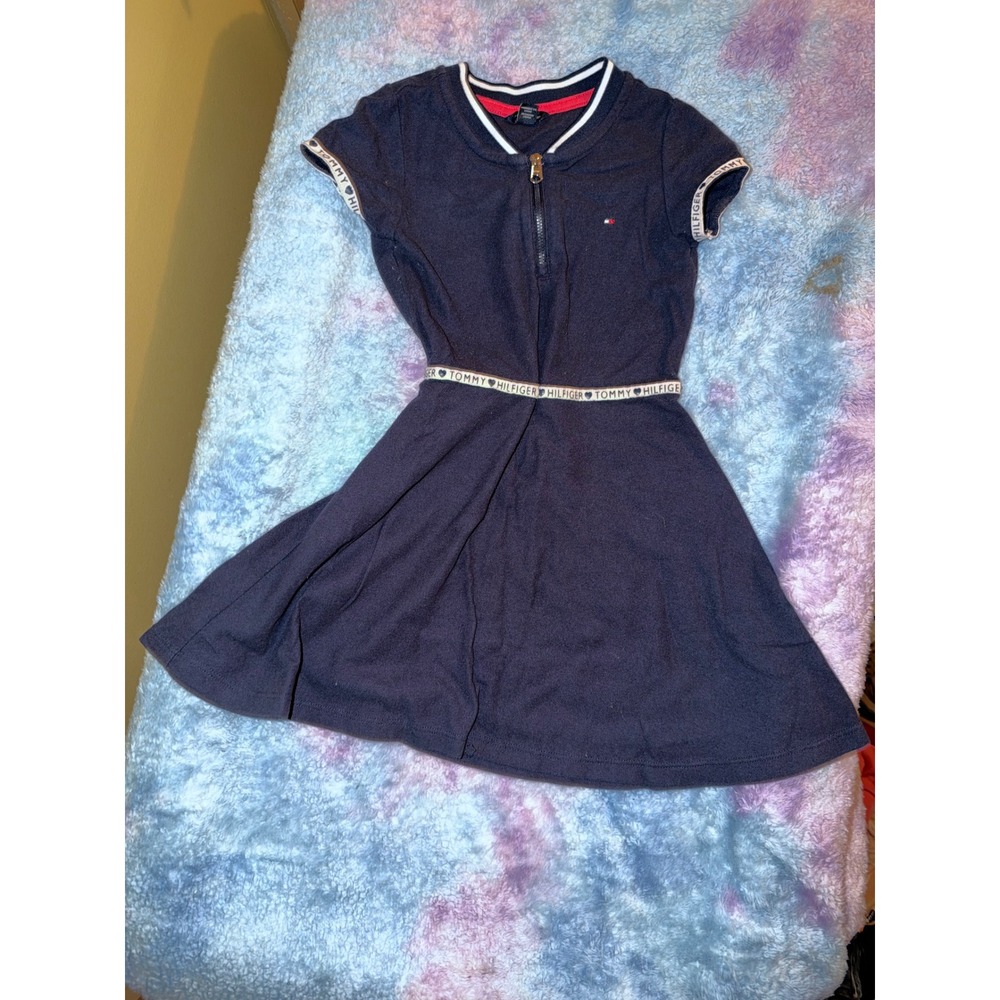 Tommy Hilfiger Girls Navy Blue Quarter Zip Polo Dress Logo Tape Size 6
